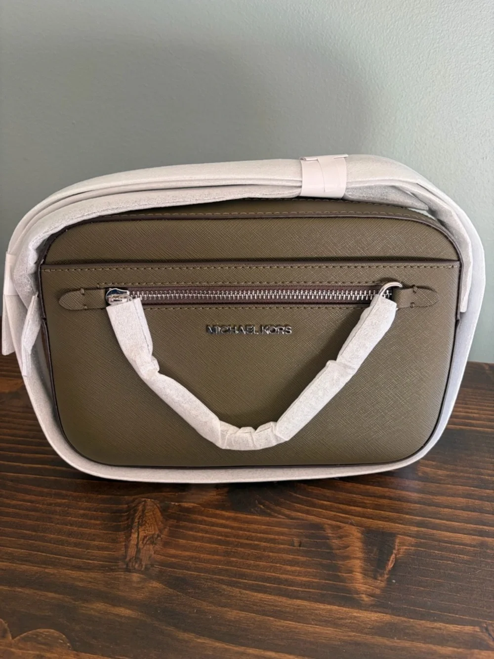 Michael Kors Jet Set Large Saffiano Leather Olive Crossbody with Silver Hardware